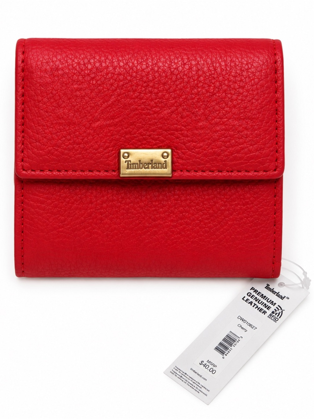 NWT Timberland Genuine Leather RFID Card Holder Wallet Red Pebbled Gold